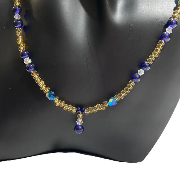 Gold and Blue Beaded Necklace - Picture 3 of 4